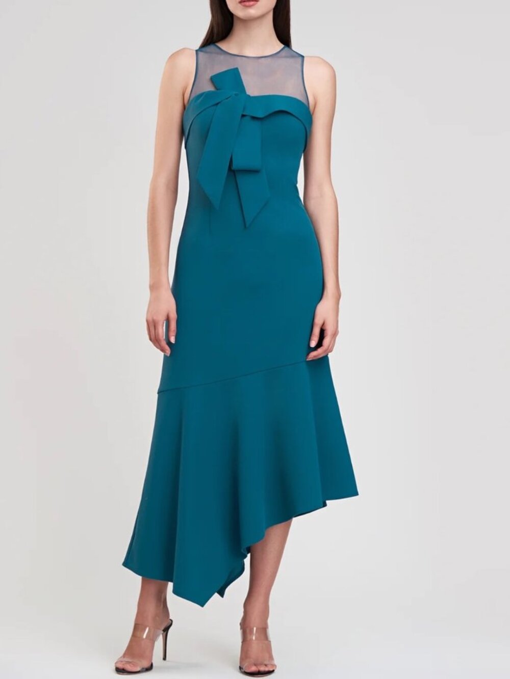 JS COLLECTION Chelsea Sleeveless Teal Asymmetric Hem Dress with Bow Detail